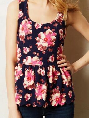 Anthropology Postmark Floral Clovelly Tank Top Peplum Peekaboo Back XS Scalloped